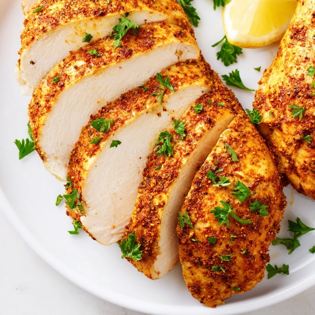 Golden oven baked chicken breasts with herbs on a white baking sheet
