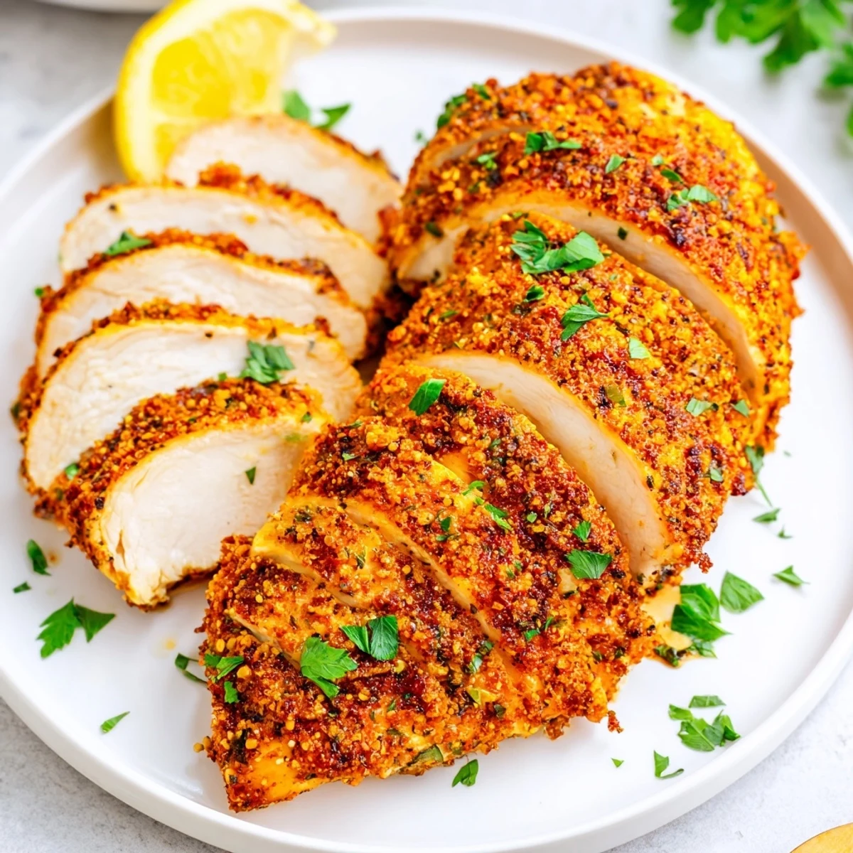 Juicy oven baked chicken breasts sliced open showing tender seasoned meat