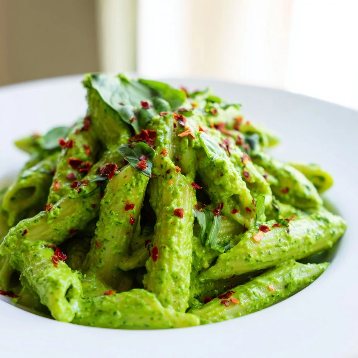 Vibrant green goddess pasta sauce in a serving bowl with herb sprinkles and Parmesan
