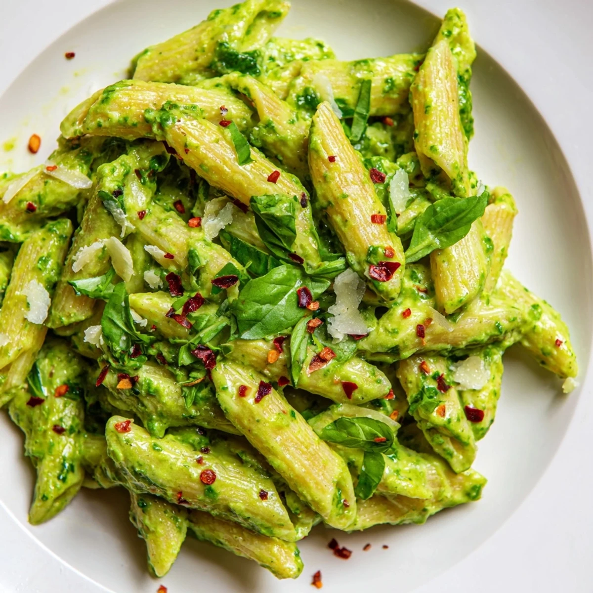 Creamy green goddess pasta sauce coated over twirled spaghetti with fresh basil garnish