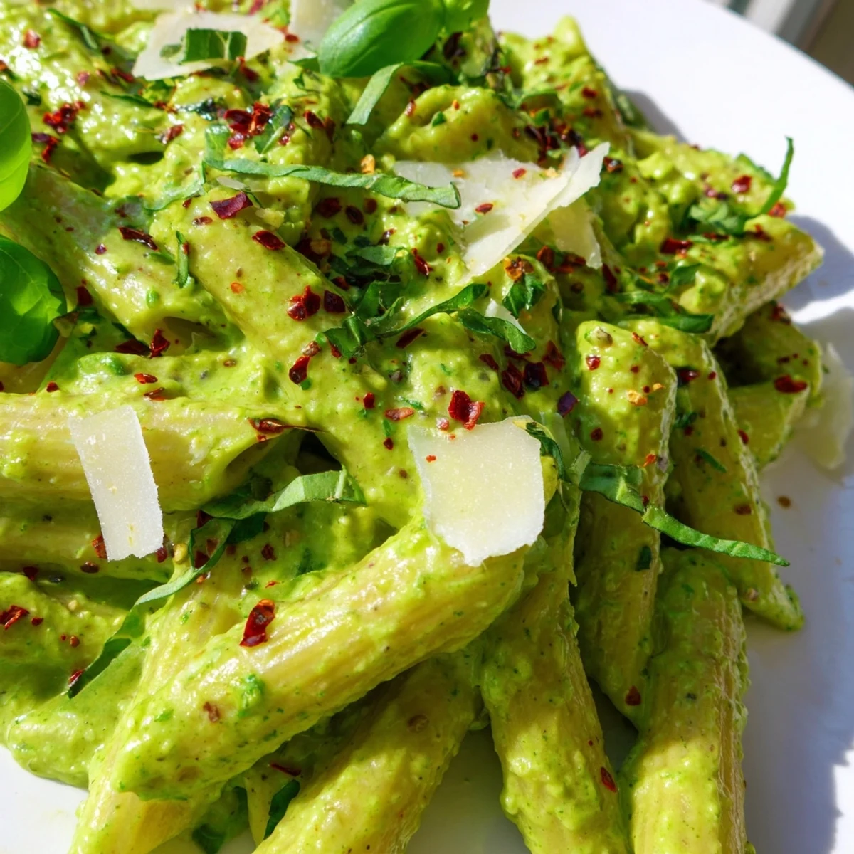 Smooth avocado green goddess pasta sauce draped over penne on a rustic ceramic plate