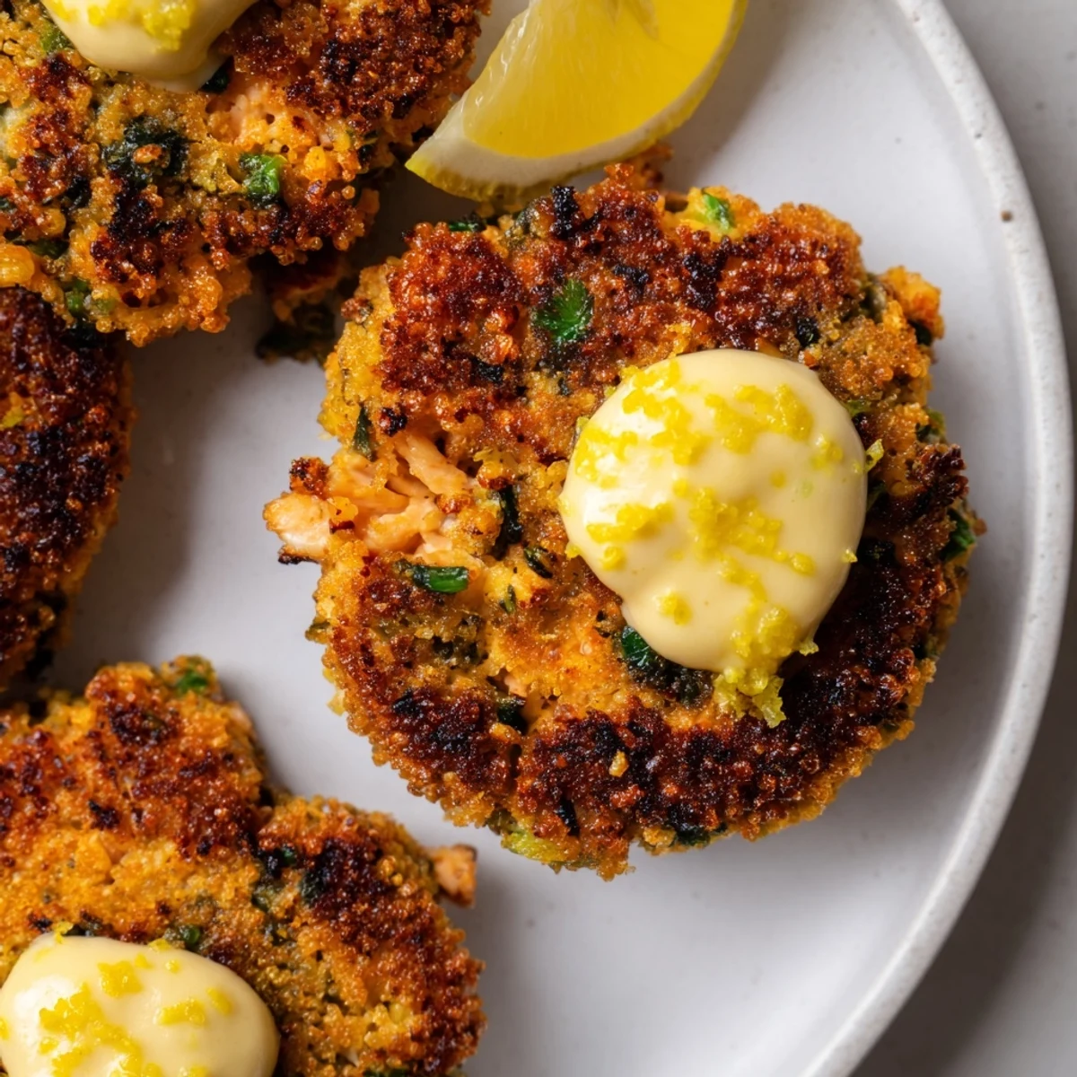 Golden crispy lemon garlic Alaska salmon cakes drizzled with tangy creamy aioli on a rustic plate