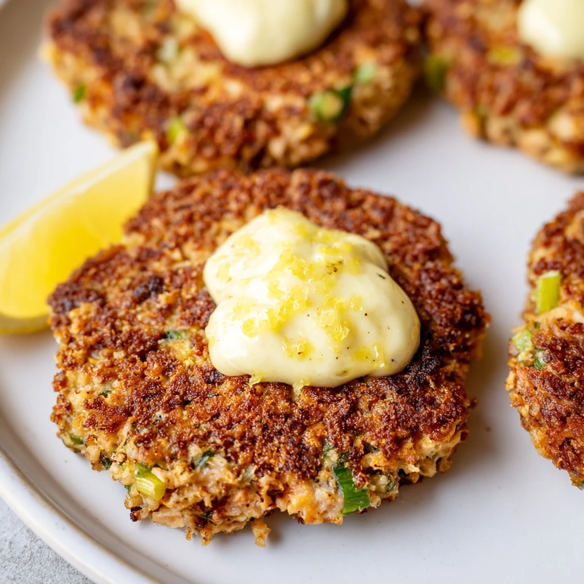 Pan-fried lemon garlic Alaska salmon cakes served with a dollop of zesty homemade aioli