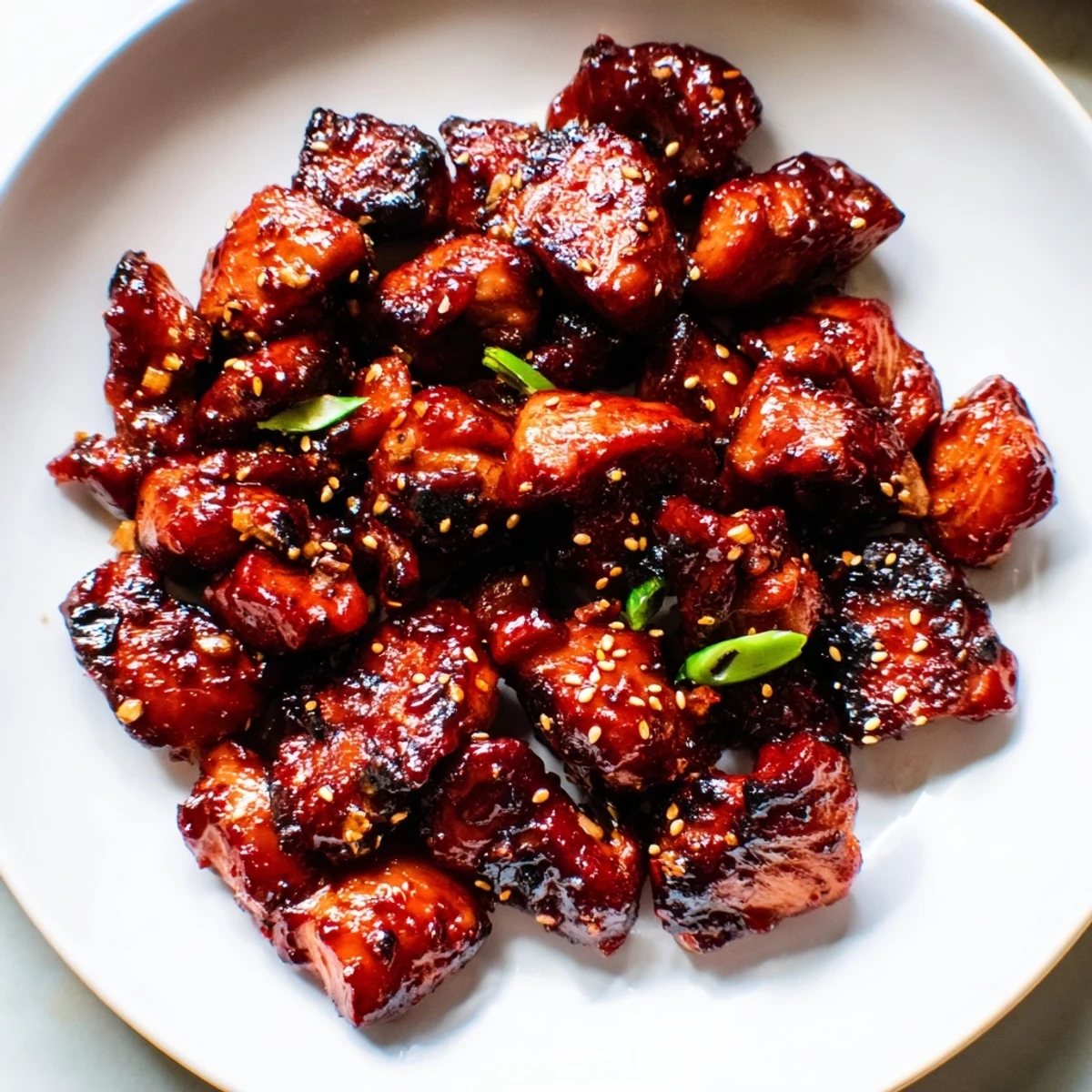 Gochujang chicken glazed in rich red sauce, garnished with sesame seeds and scallions.