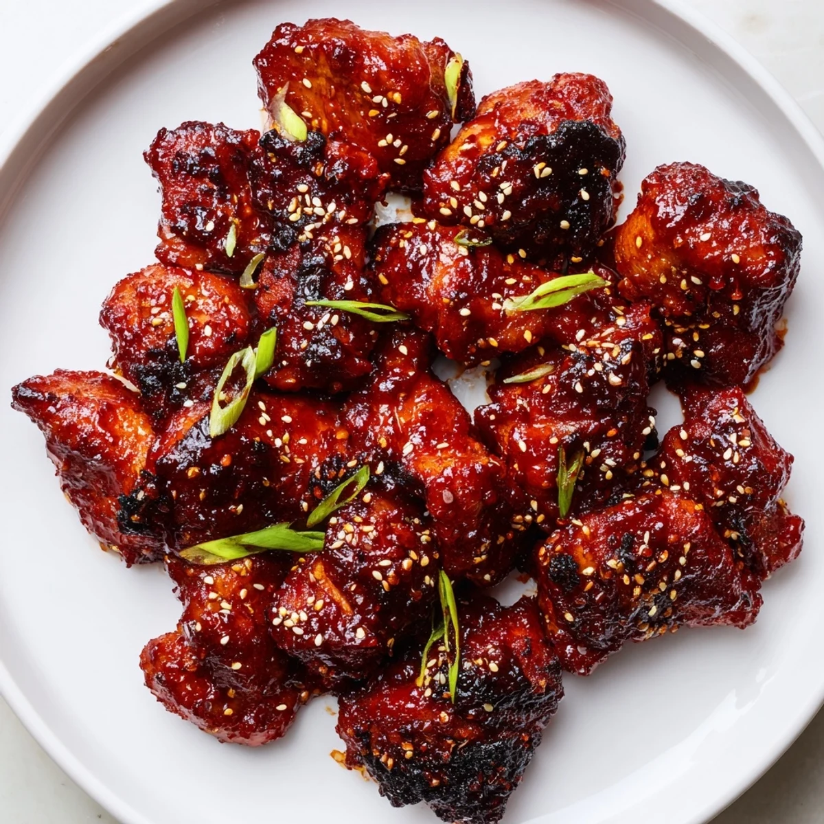 Caramelized Gochujang chicken pieces sizzling in a skillet with a glossy, sticky marinade.