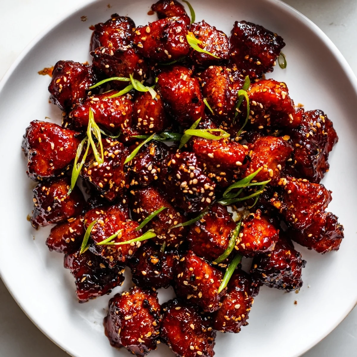 Tender Gochujang chicken served over steamed rice with bright green onion and sesame sprinkles.