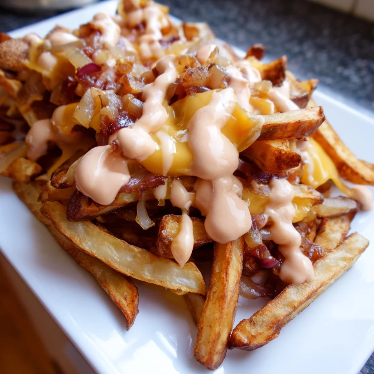 Crispy Animal Style Fries loaded with melted cheese and caramelized onions