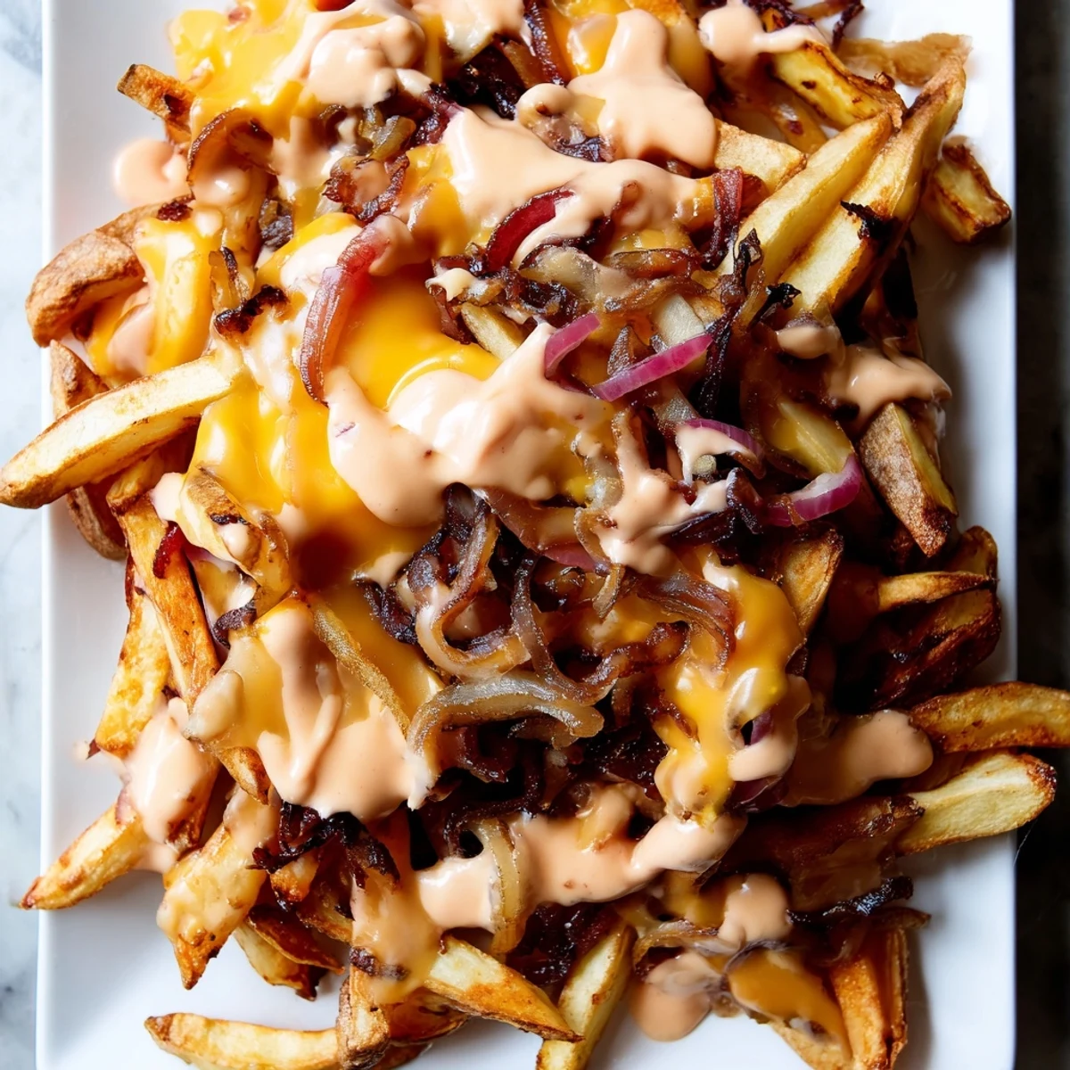 Cheesy Animal Style Fries topped with grilled onions and creamy special sauce