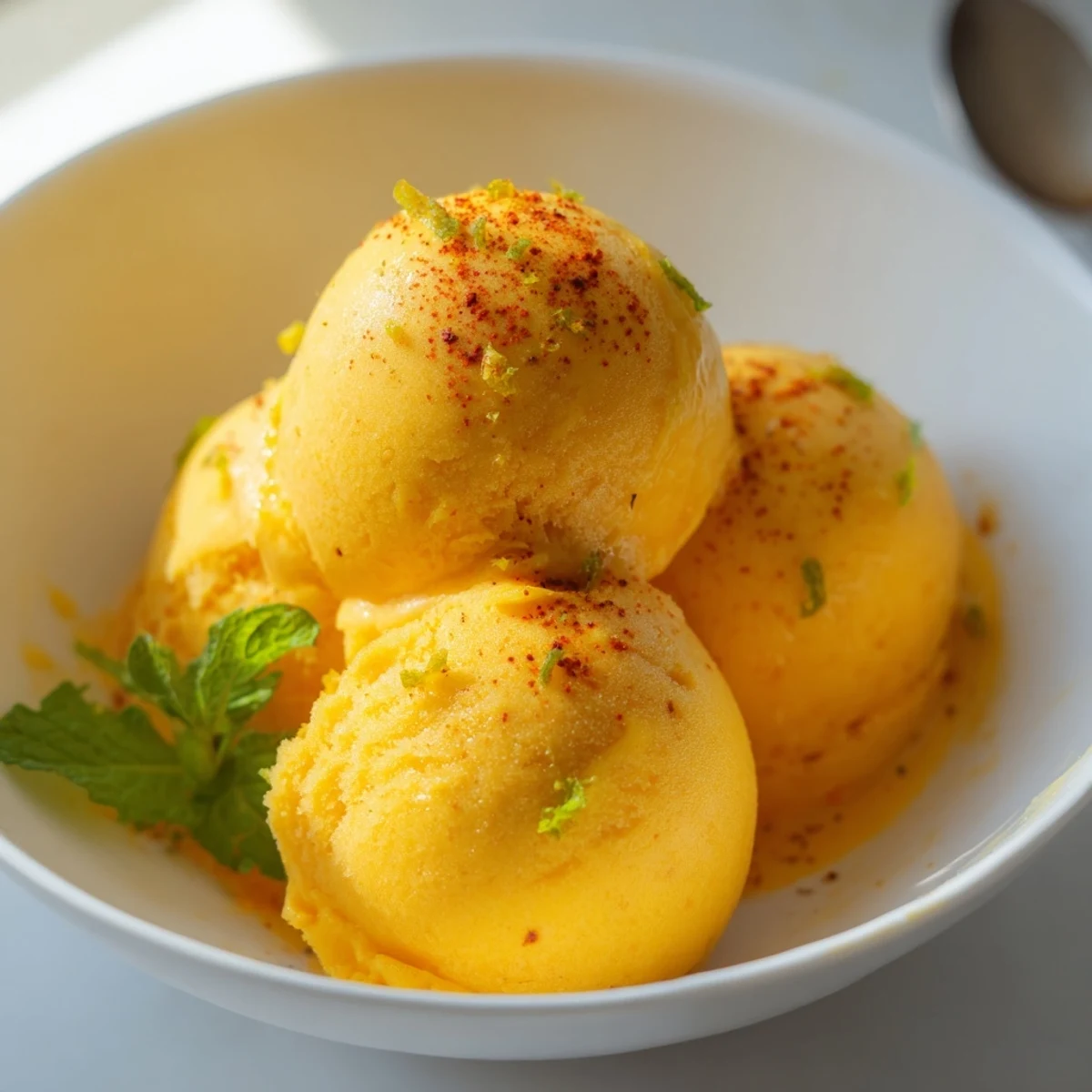 Creamy chili lime mango sorbet scooped into golden balls on a chilled dessert bowl
