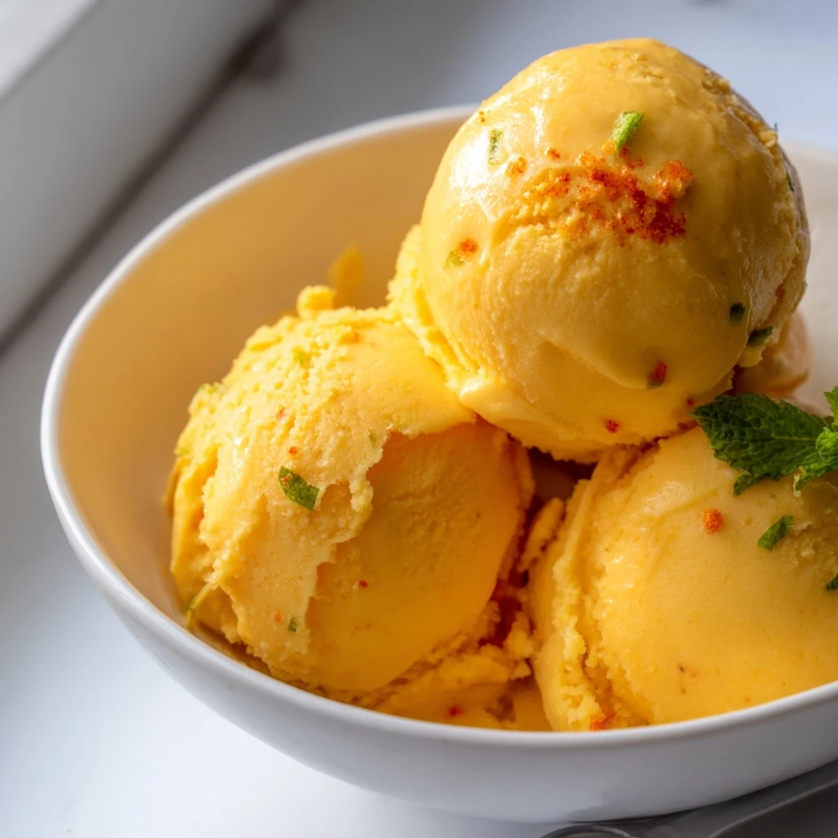 Vibrant creamy chili lime mango sorbet garnished with fresh lime zest and mint