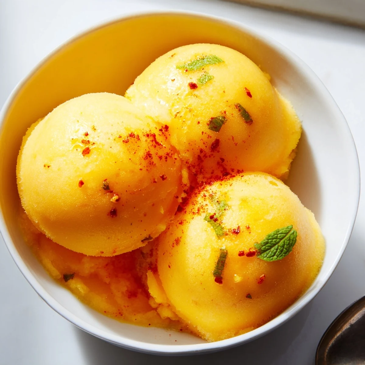 Tropical creamy chili lime mango sorbet melting softly in a bright summer setting