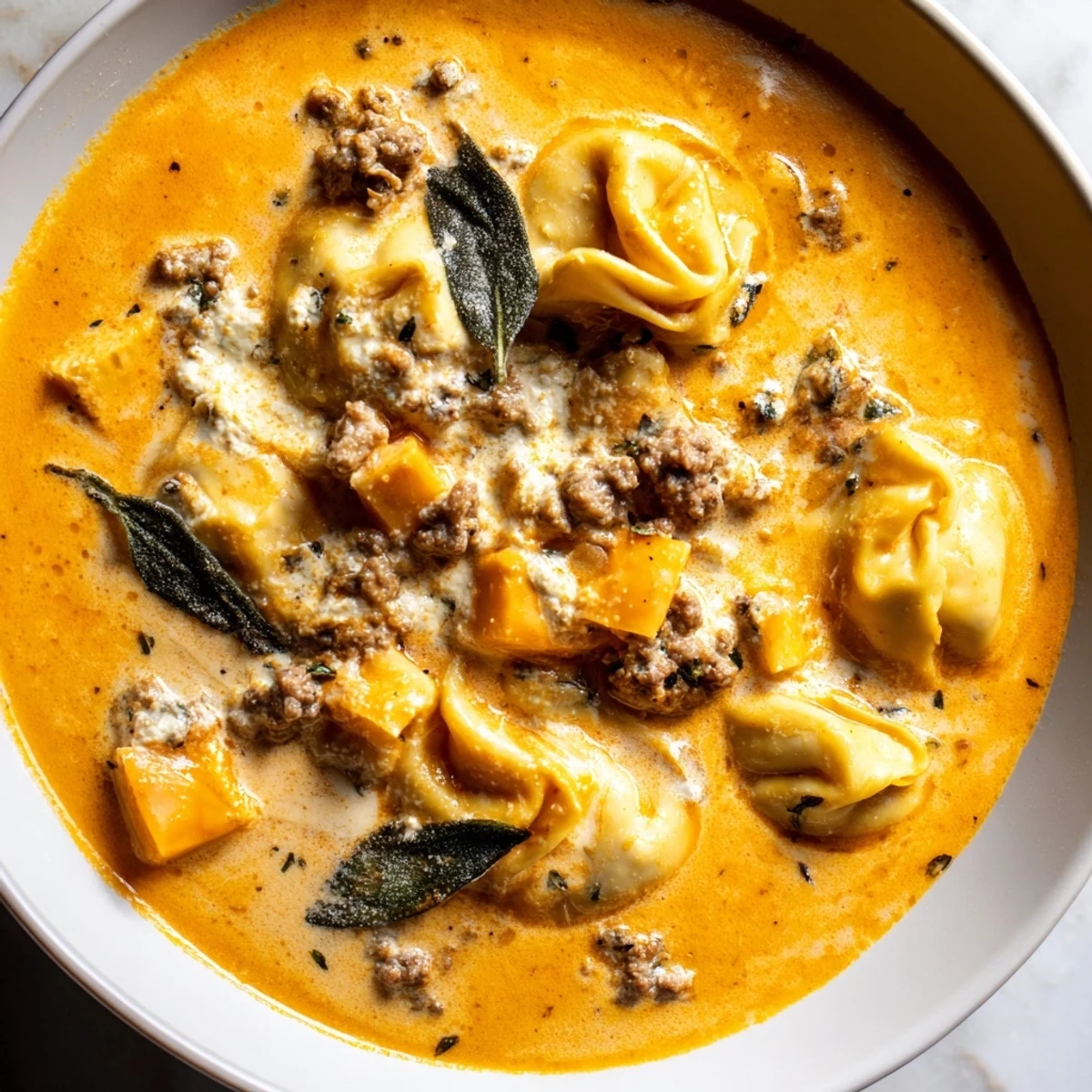 Creamy butternut squash sausage tortellini soup topped with a golden sage cheese swirl
