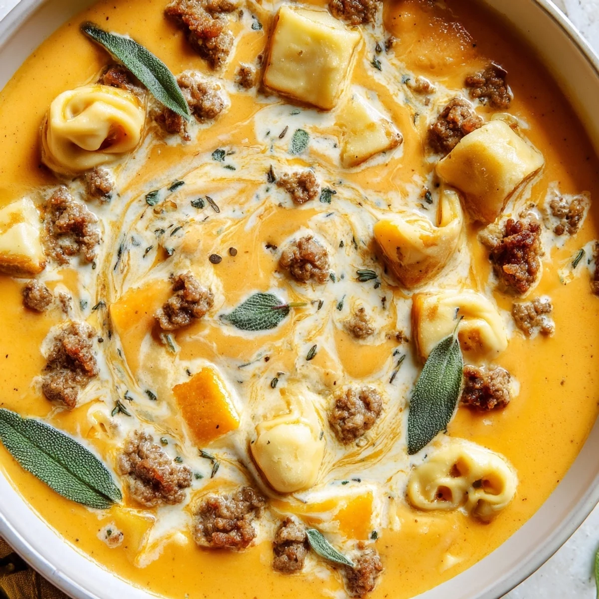 Hearty butternut squash sausage tortellini soup with a velvety sage cheese swirl in rustic bowl