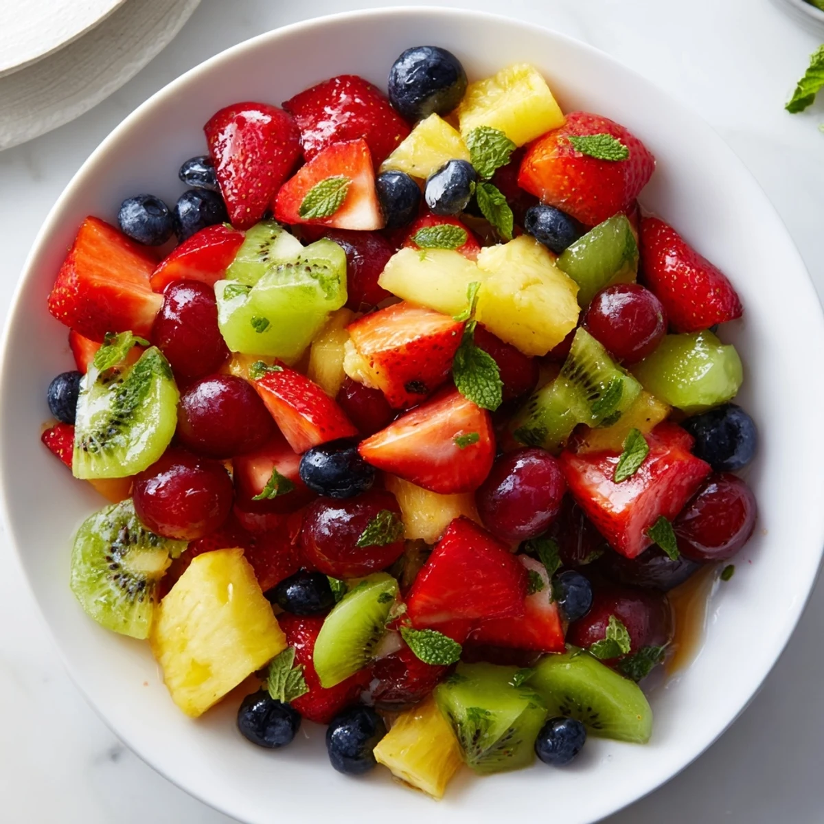 Colorful fruit bowl bursting with fresh strawberries, blueberries, and juicy pineapple chunks