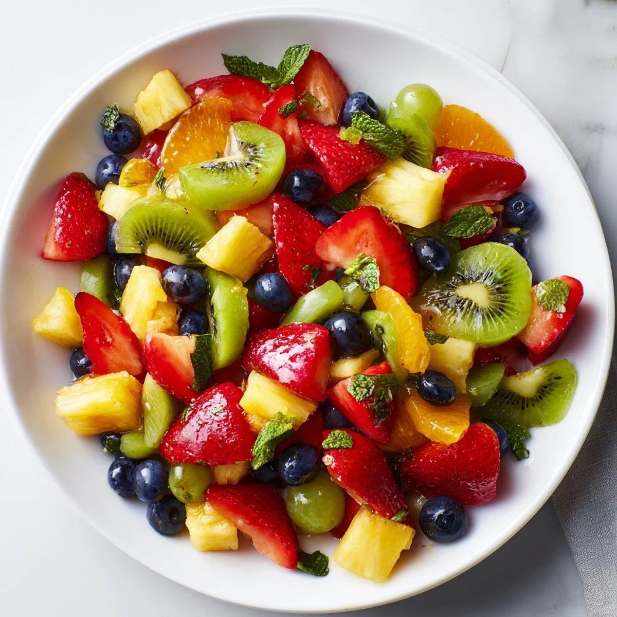 Vibrant fruit bowl featuring kiwi, grapes, and citrus segments on a rustic table