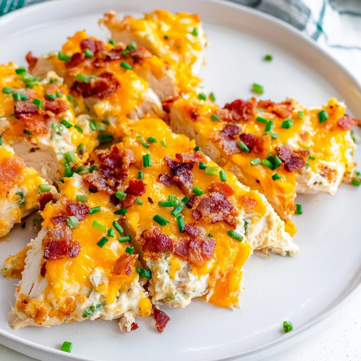 Golden baked crack chicken with bubbling cheddar and crispy bacon toppings on a rustic dish