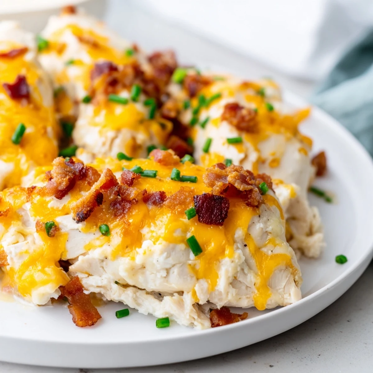 Creamy baked crack chicken breasts smothered in ranch cream cheese sauce with crumbled bacon