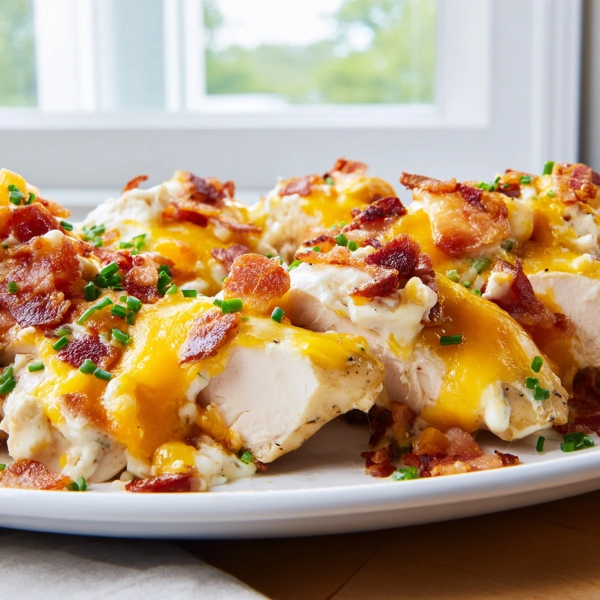 Baked crack chicken casserole with melted cheese and bacon garnished with fresh green chives