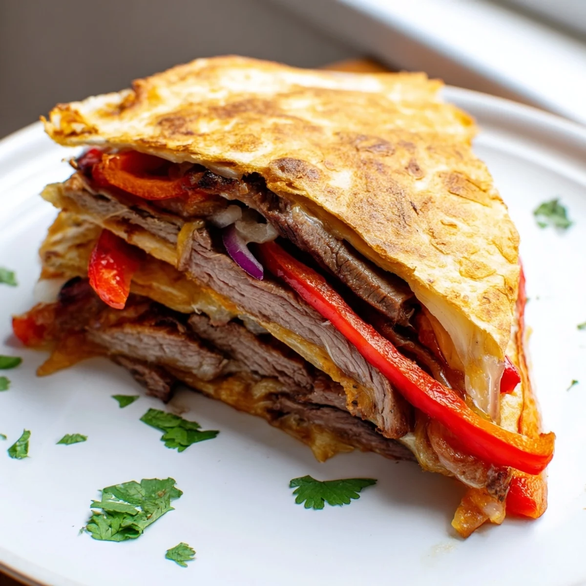 Crispy steak quesadillas cut into triangles beside salsa and fresh guacamole