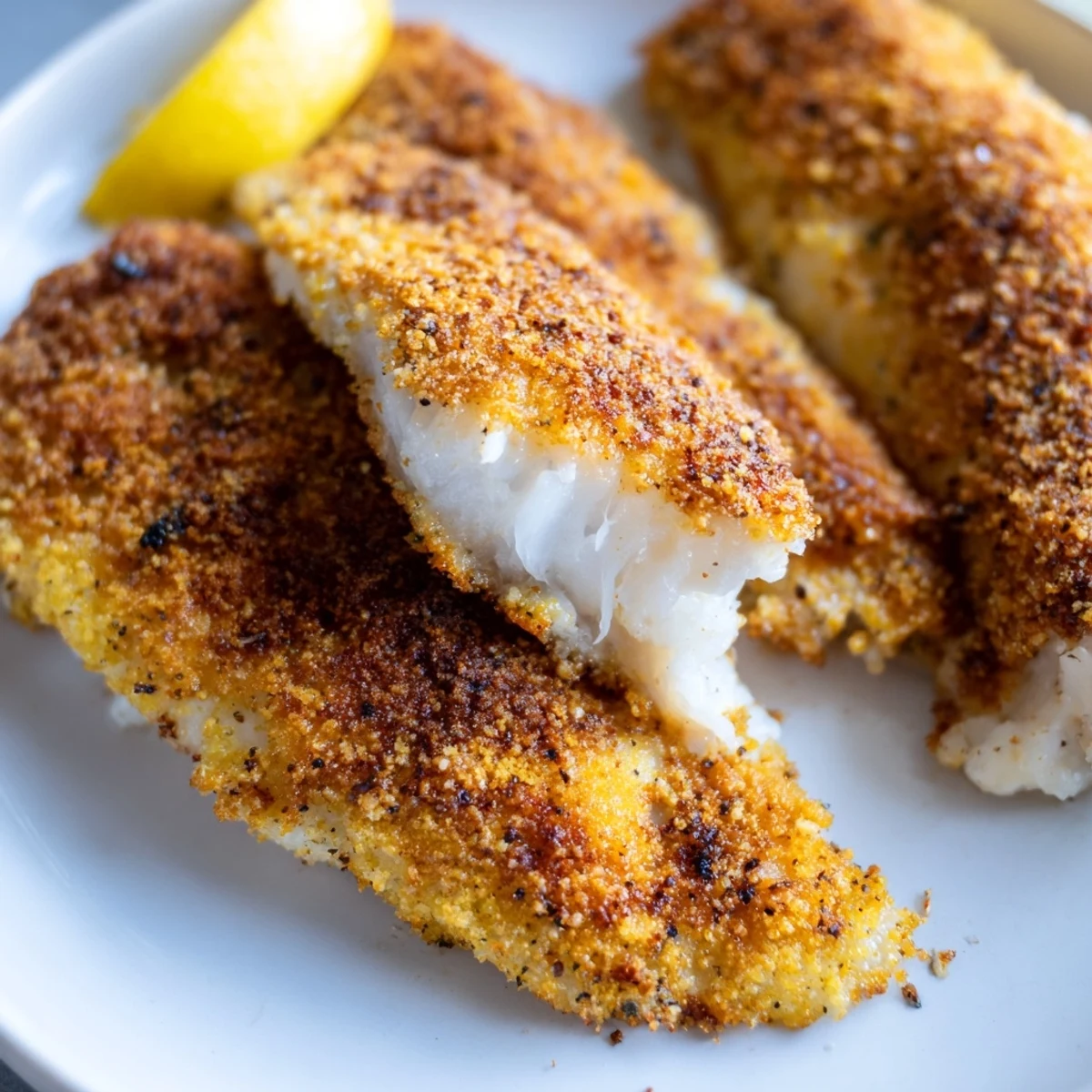 Golden pan fried tilapia fillets with crispy seasoning served beside fresh lemon wedges