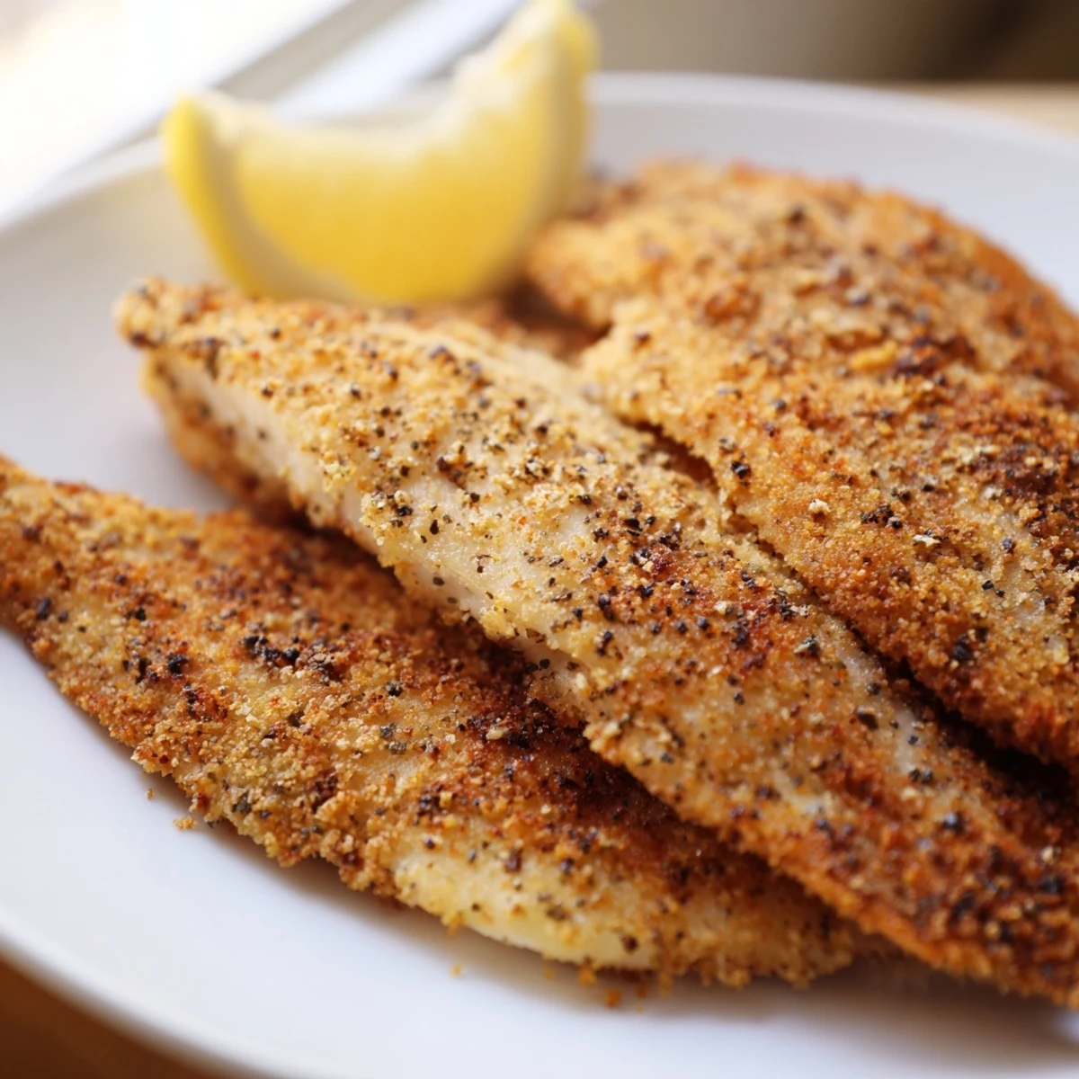 Perfectly golden pan fried tilapia fillets flaking tenderly under a bright lemon squeeze