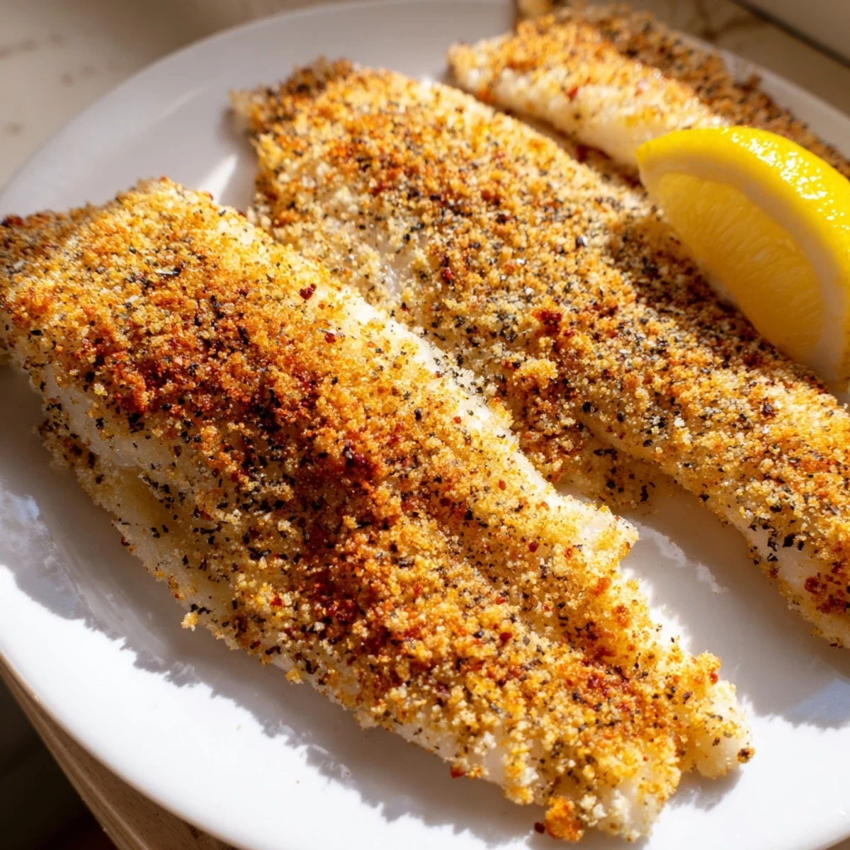 Crispy pan fried tilapia on a white plate with steamed vegetables and lemon