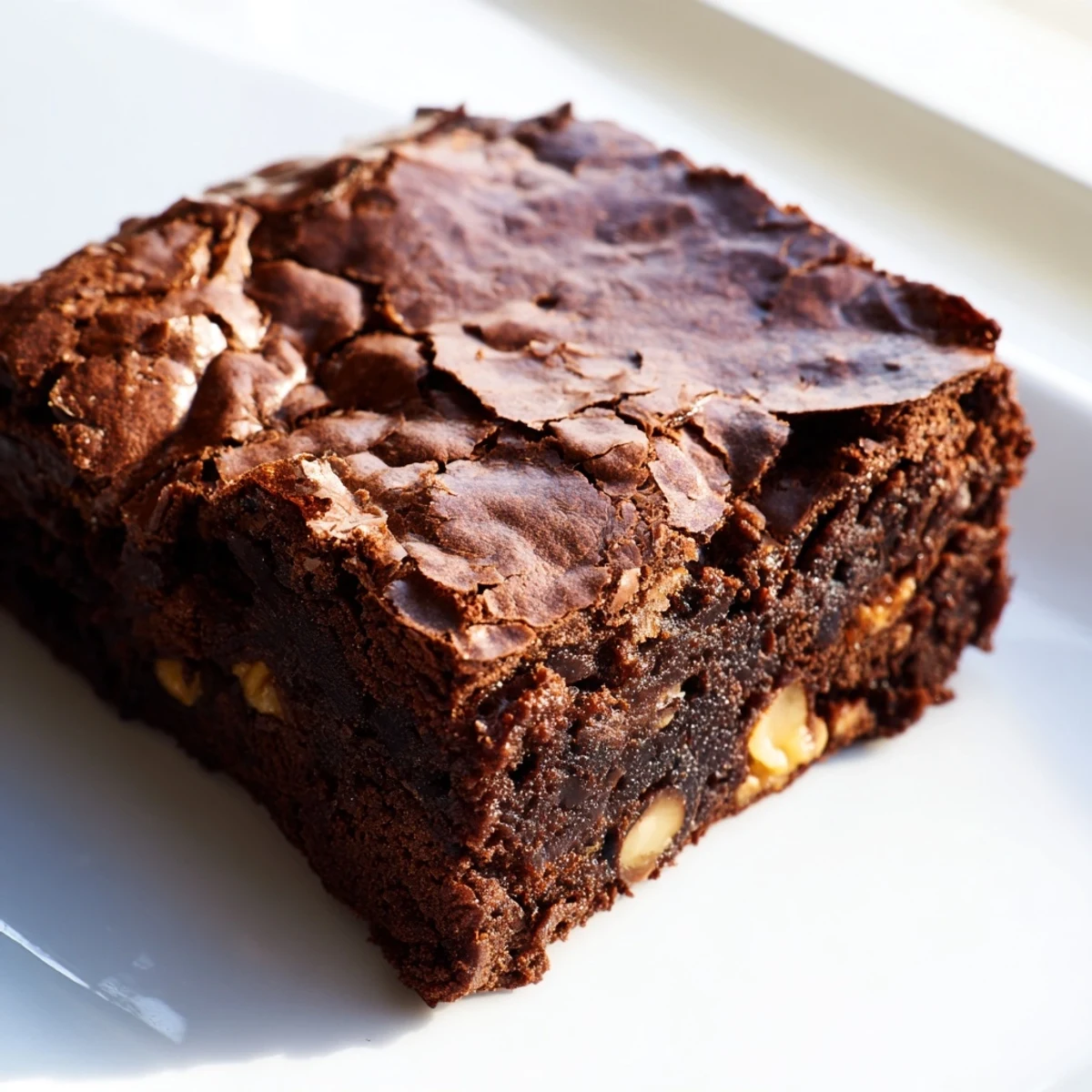 Rich fudgy ultimate brownies with a shiny crackly chocolate top, cut into squares