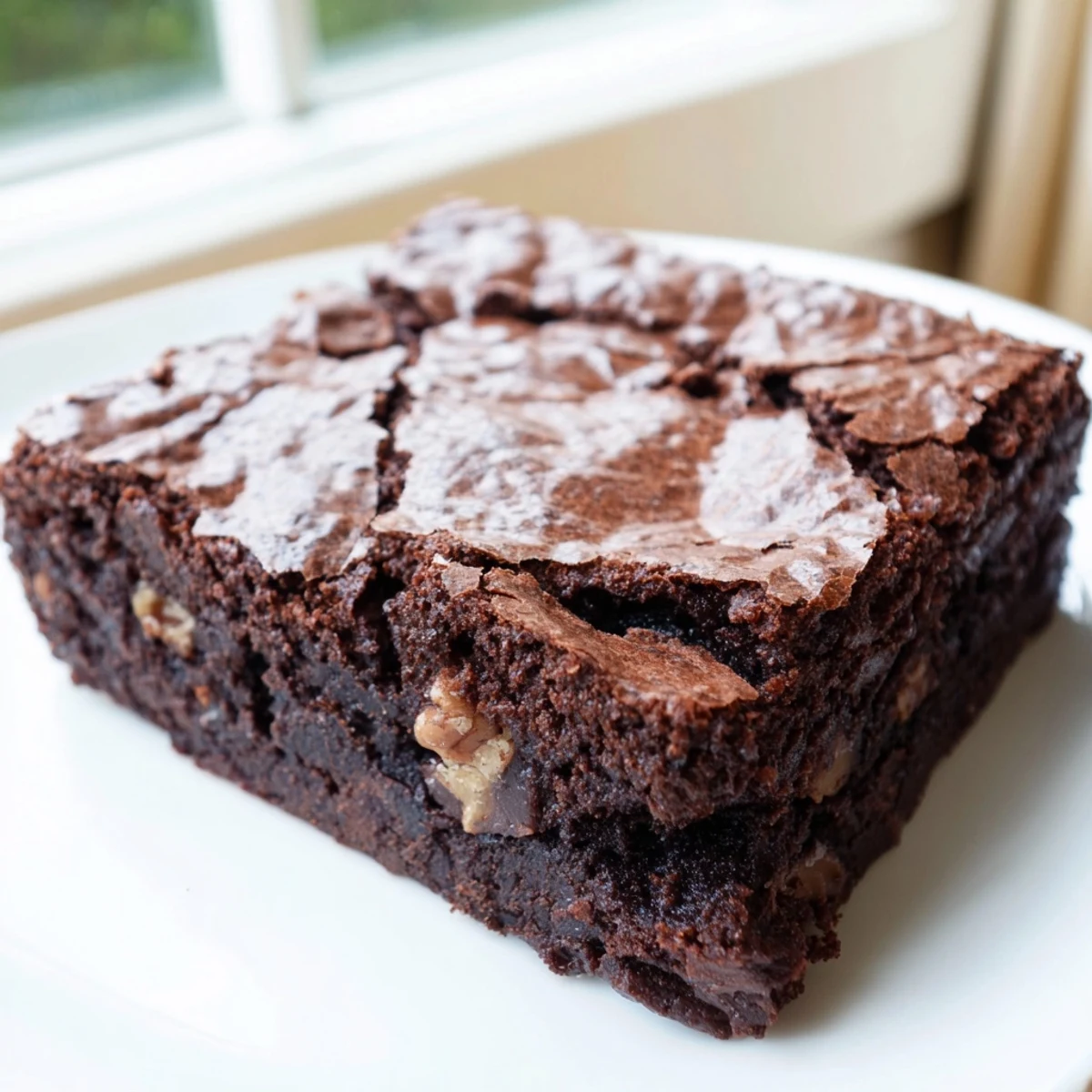 Freshly baked ultimate brownies studded with chocolate chips and walnuts, dusted with cocoa