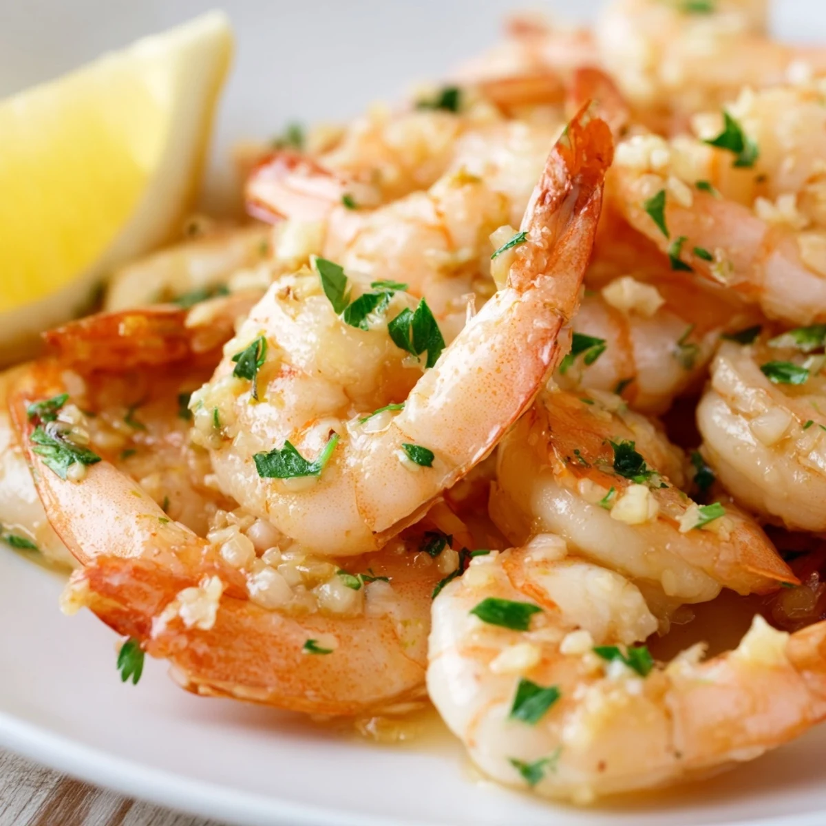 Glistening buttered shrimp tossed in golden garlic butter with fresh parsley and lemon