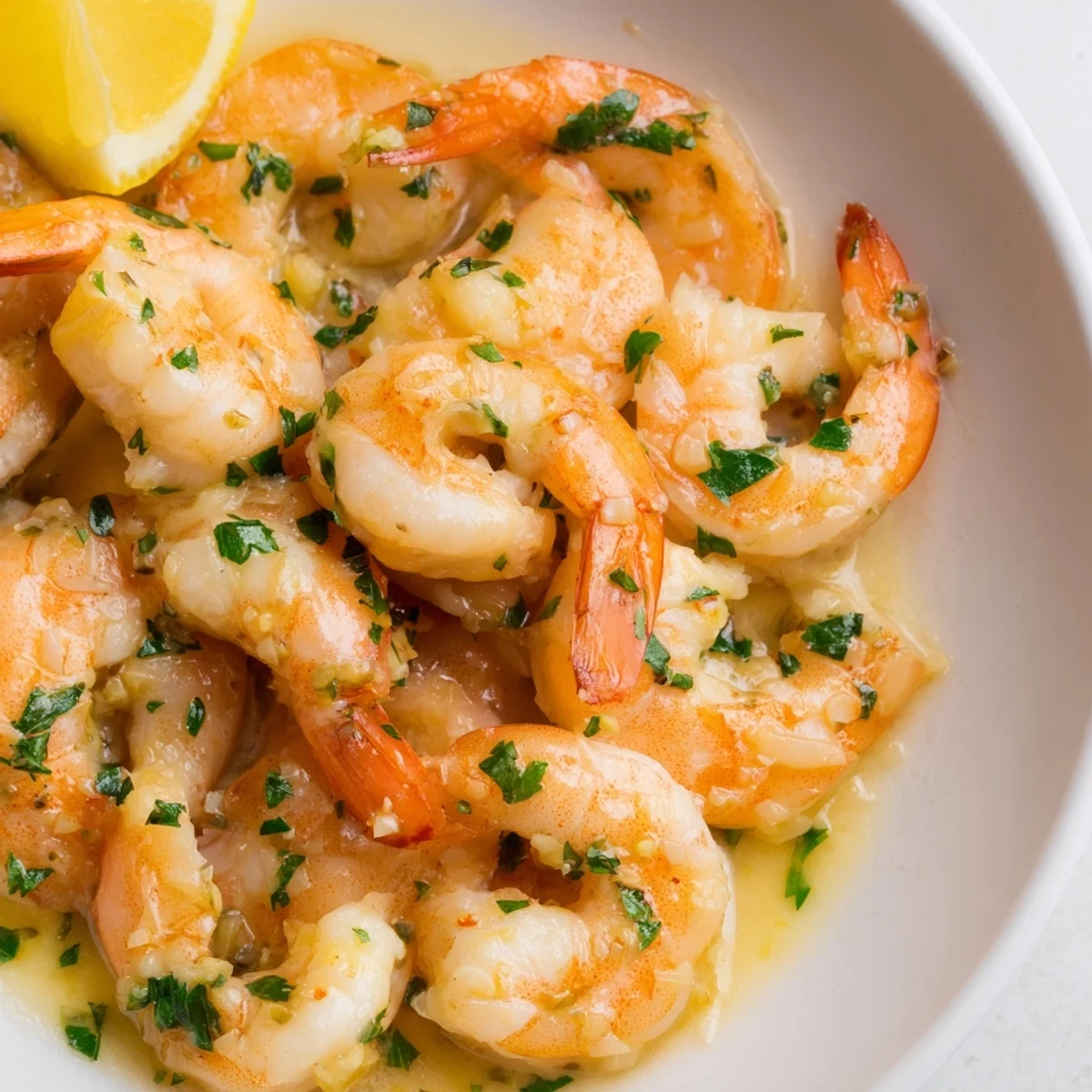 Succulent buttered shrimp plated on creamy white rice drizzled with a lemony garlic sauce