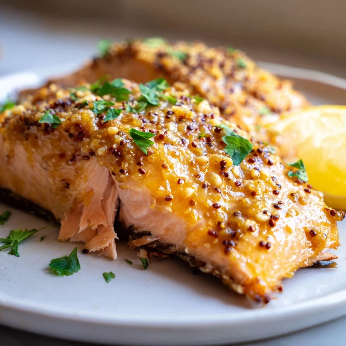 Golden baked honey mustard salmon fillets glistening with a sweet and tangy caramelized glaze