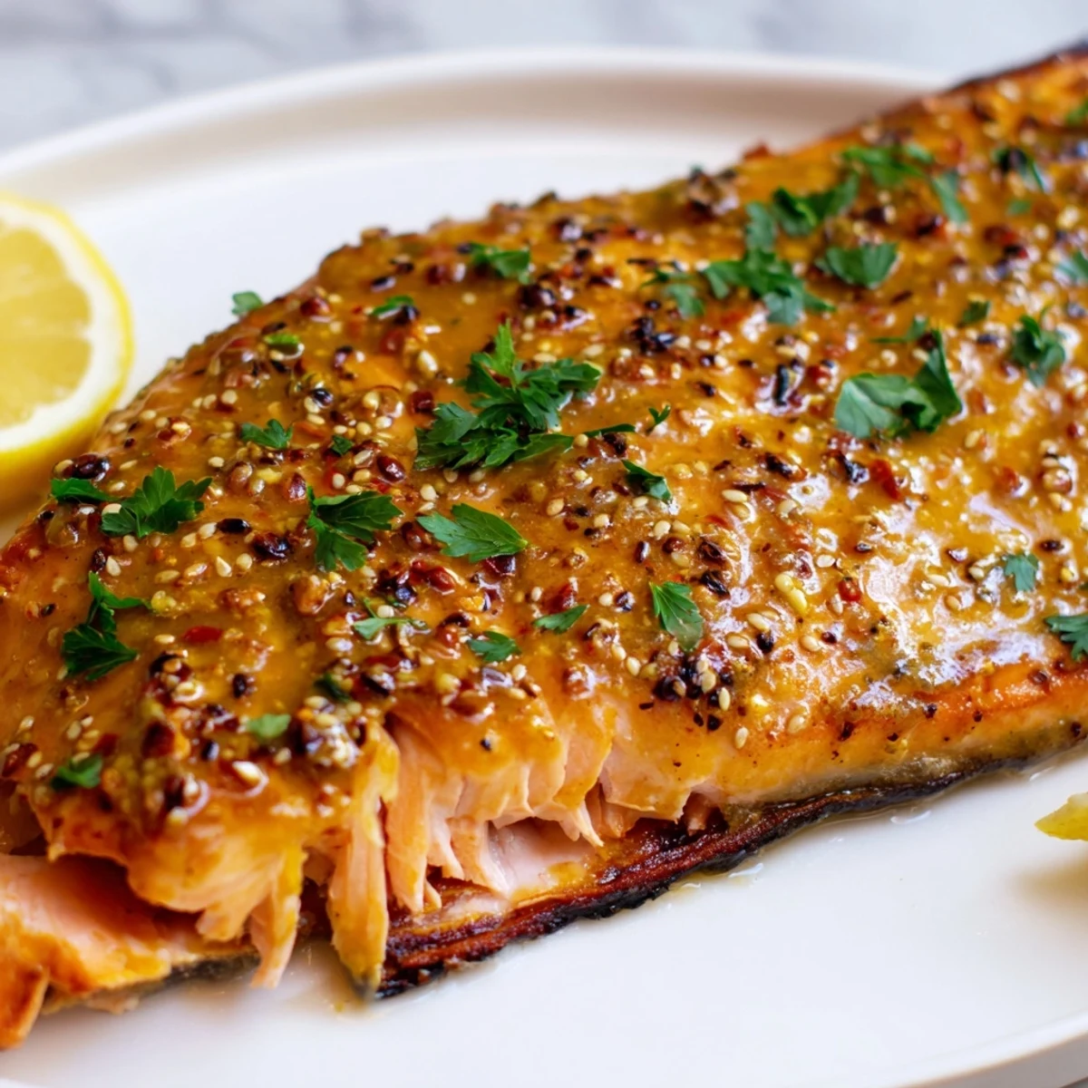 Juicy baked honey mustard salmon plated on a white dish with fresh parsley garnish