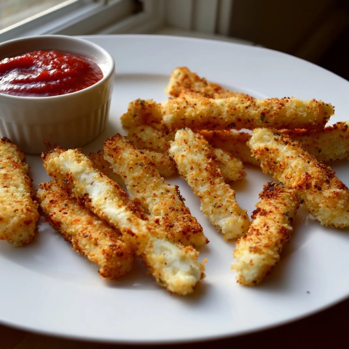 Golden baked cottage cheese fries arranged on parchment with a side of marinara dip
