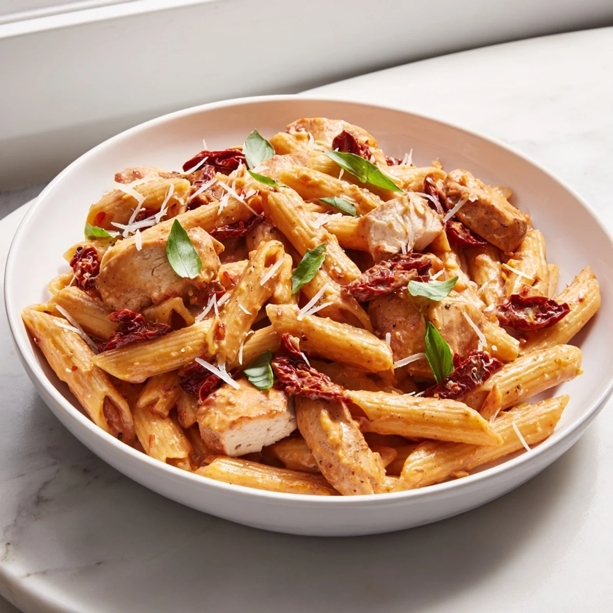 Creamy Copycat Sun Dried Tomato Marry Me Chicken Pasta in a golden skillet with fresh basil garnish