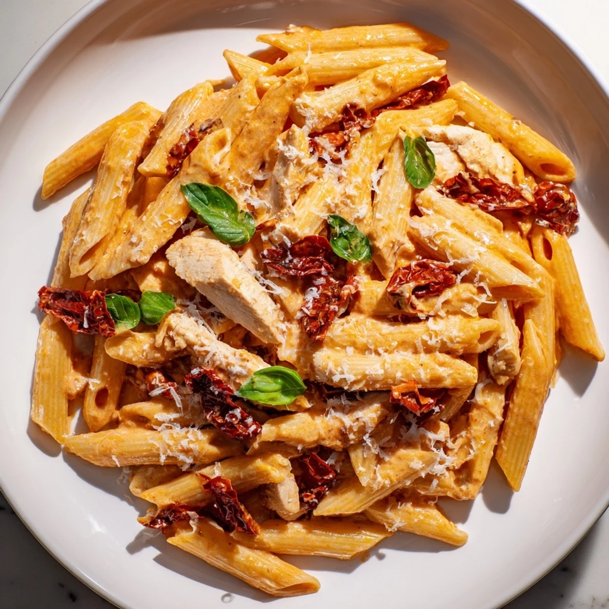 Tender sliced chicken draped in creamy sun-dried tomato sauce over penne with melted Parmesan