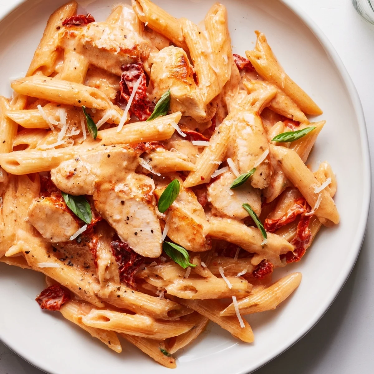 A steaming bowl of Copycat Sun Dried Tomato Marry Me Chicken Pasta topped with basil leaves