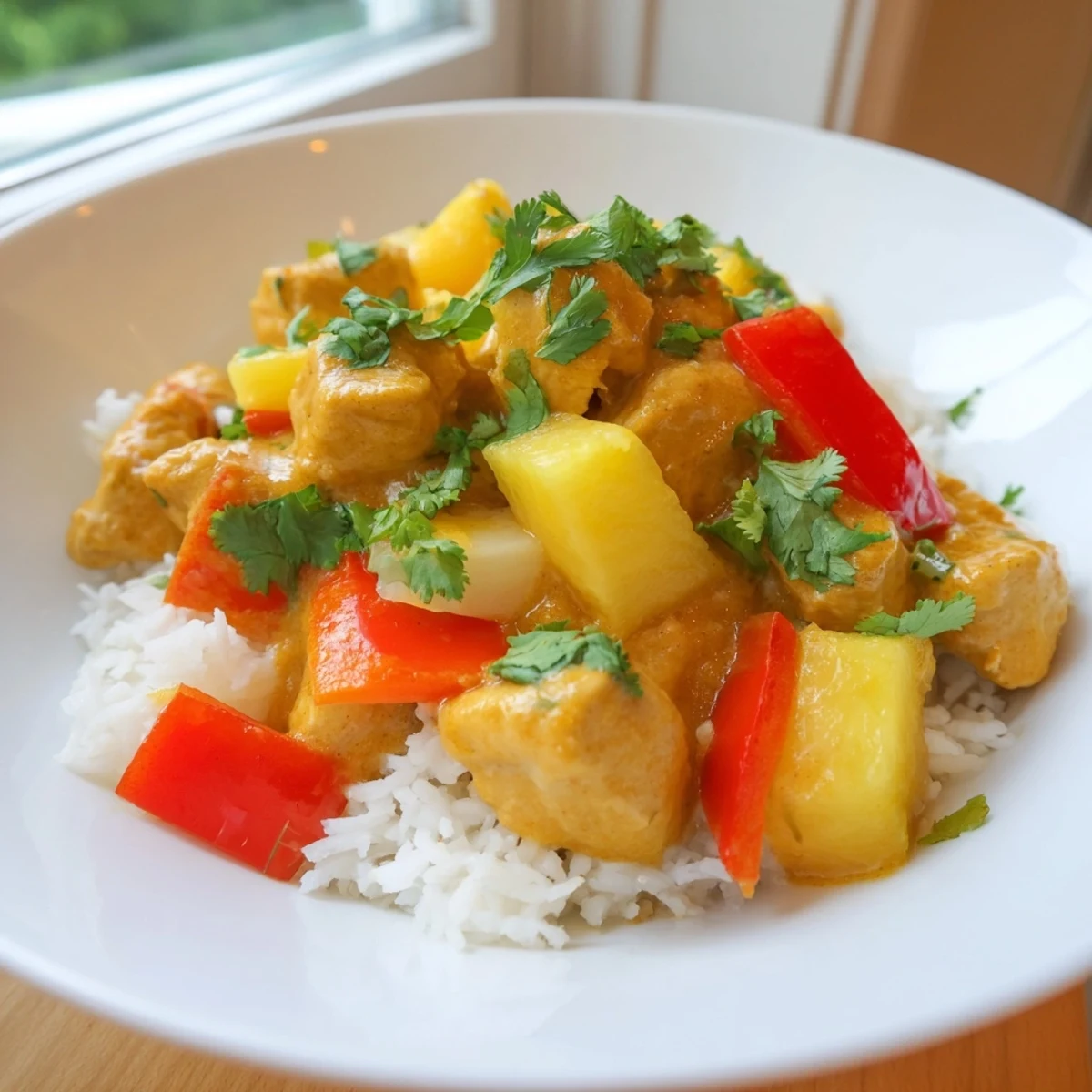 Tropical Dinner Delight with golden chicken, vibrant peppers, and creamy coconut-lime sauce over jasmine rice