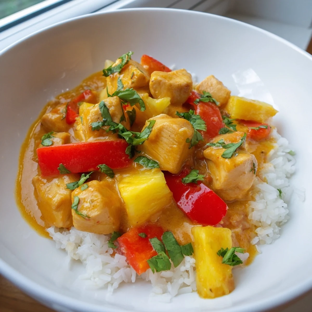 Juicy chicken and fresh pineapple in a rich turmeric coconut sauce, served on warm rice