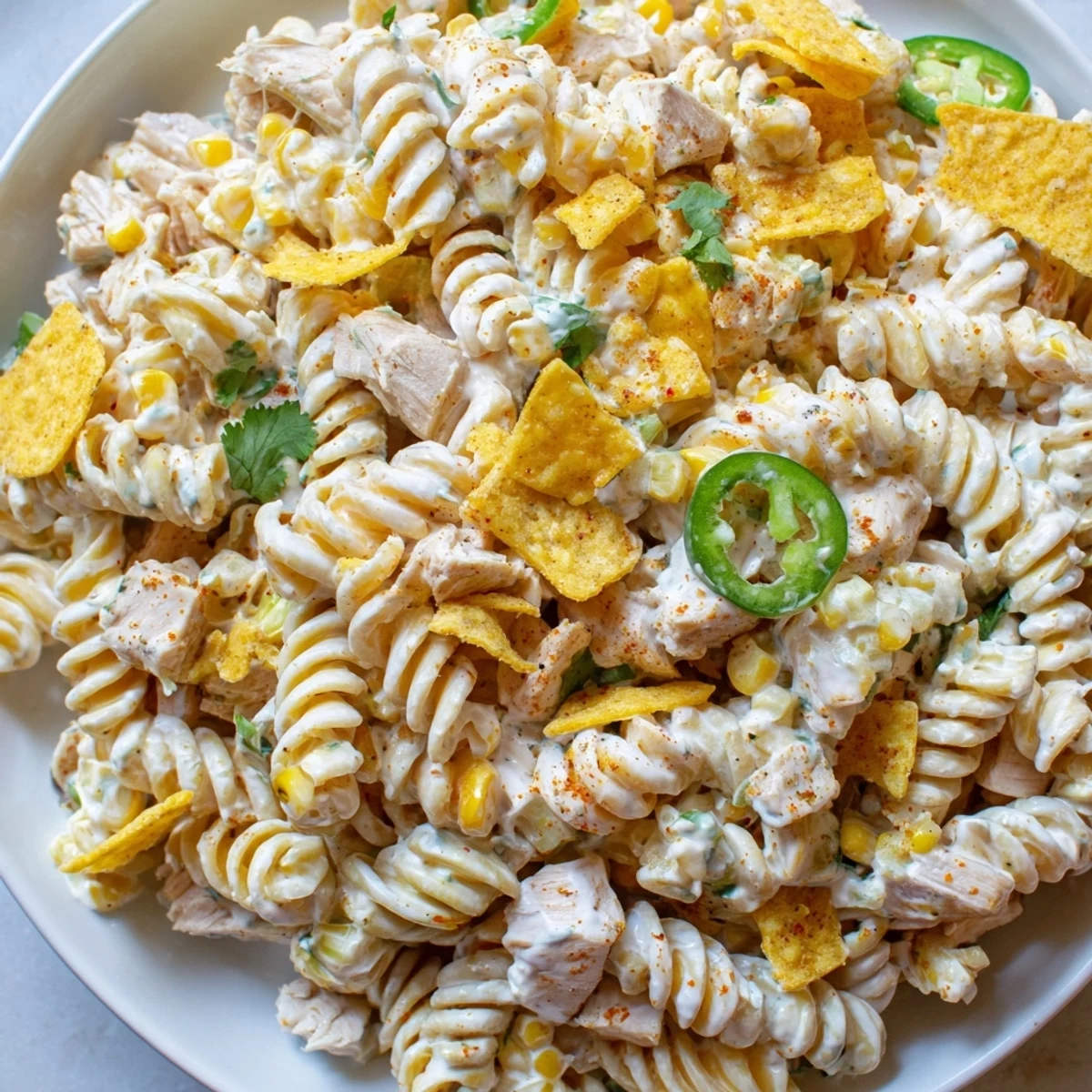 Colorful Mexican street corn chicken pasta salad topped with crushed tortilla chips and jalapeño slices