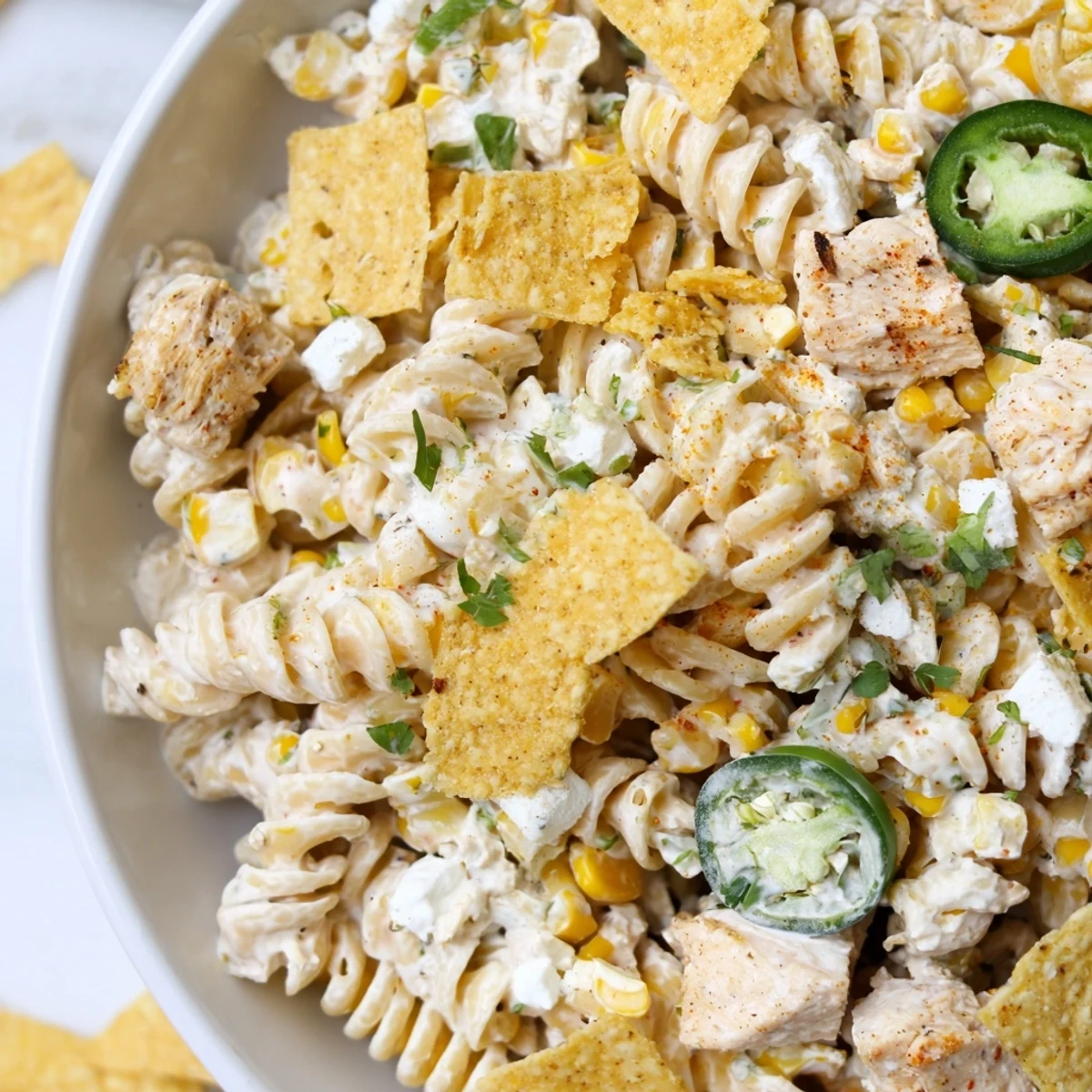 Creamy elote style chicken pasta salad with charred corn and crumbled cotija cheese