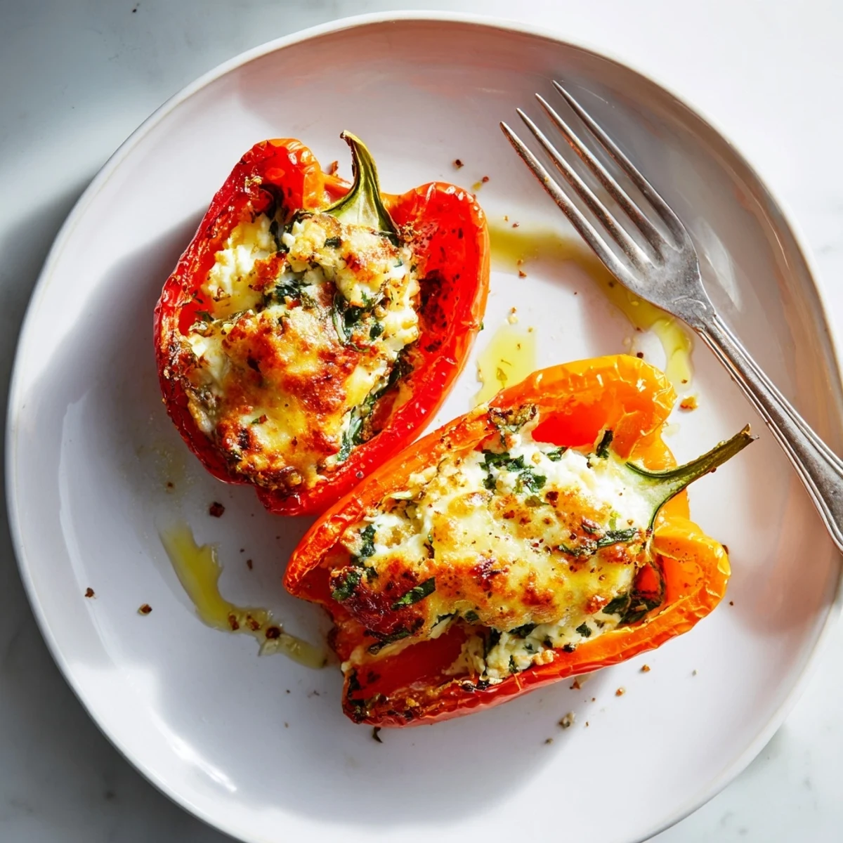 Golden baked ricotta stuffed peppers with bubbling mozzarella on a rustic dish