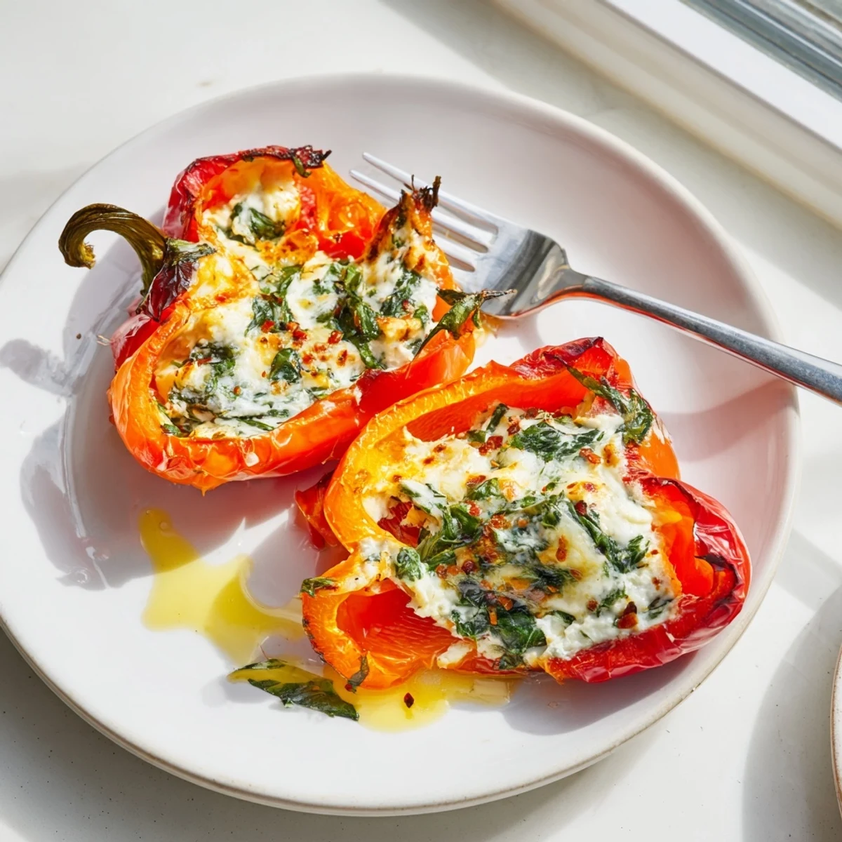 Vibrant roasted bell peppers overflowing with cheesy ricotta filling and fresh basil