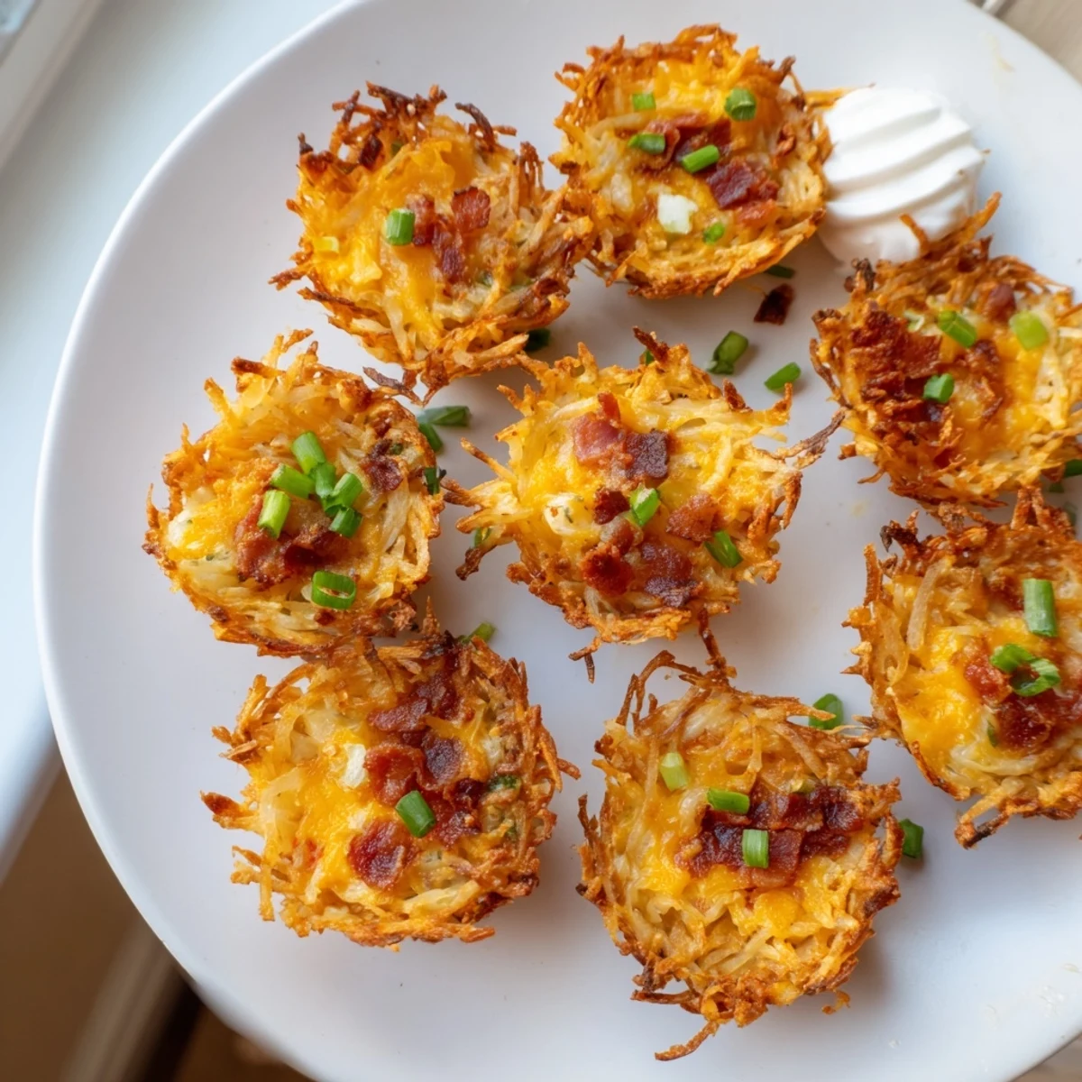 Golden cheesy loaded hashbrown bites with melted cheddar and bacon on a rustic plate