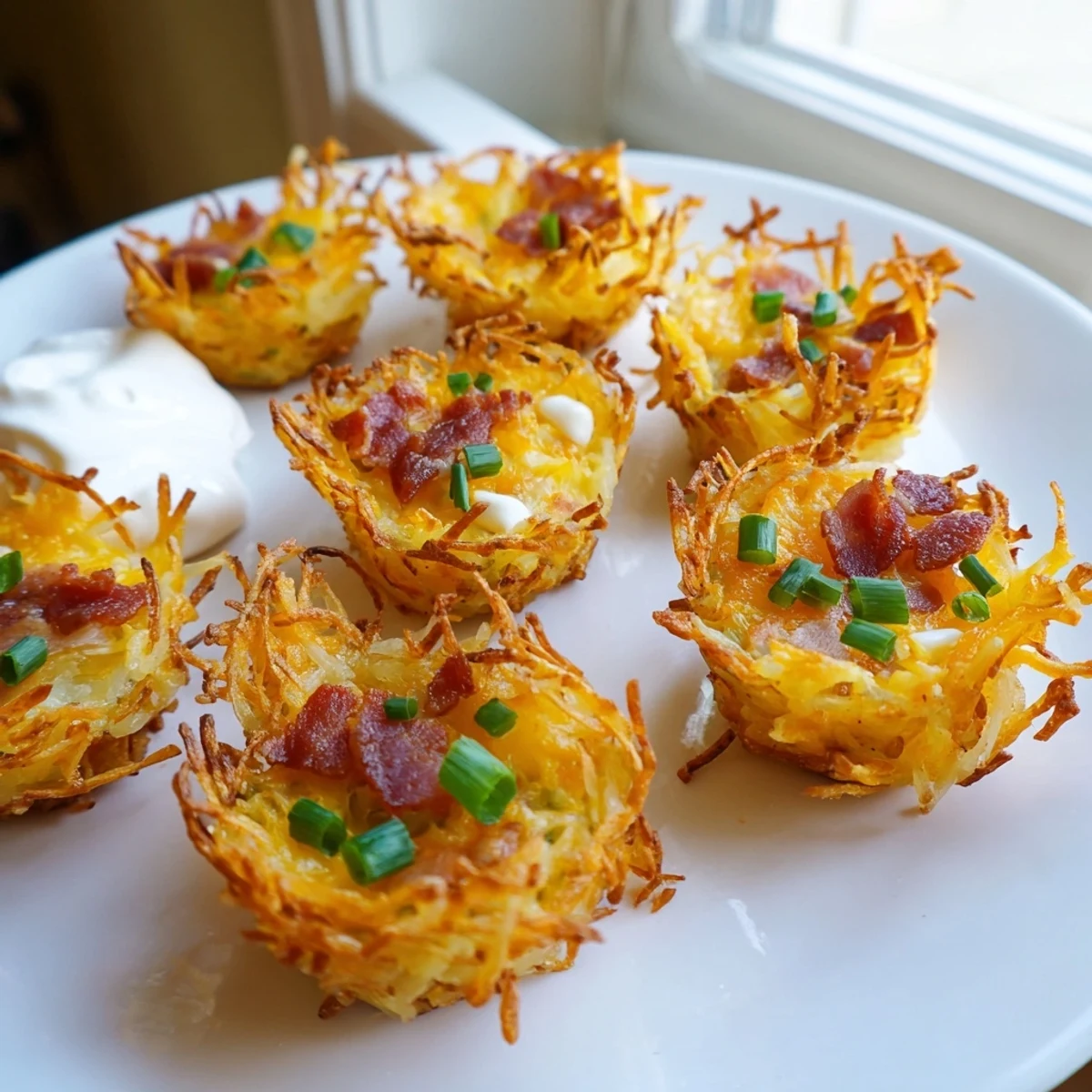 Mini muffin tin of cheesy loaded hashbrown bites topped with green onions and sour cream