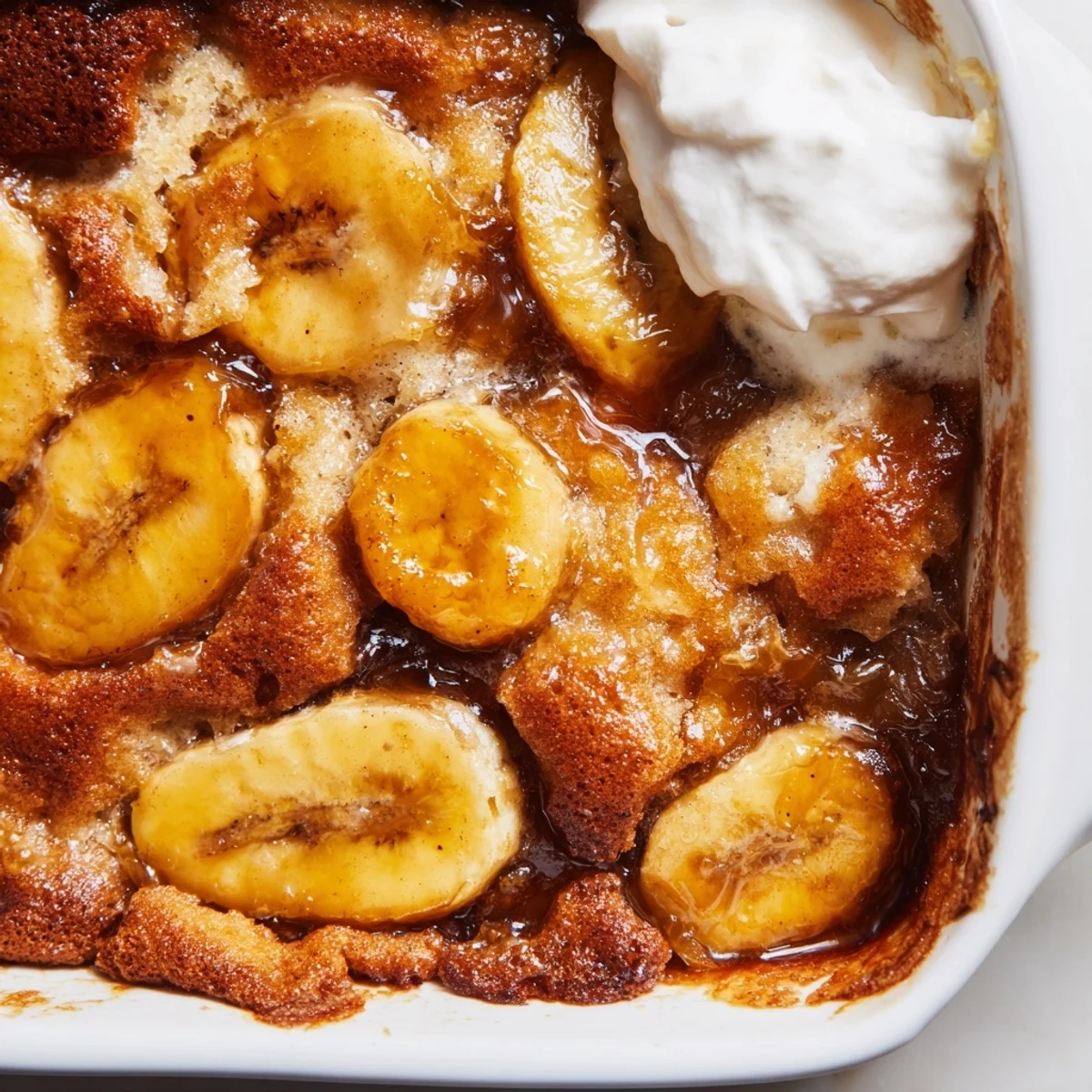 Golden Southern banana cobbler with caramelized fruit bubbling under a buttery biscuit crust