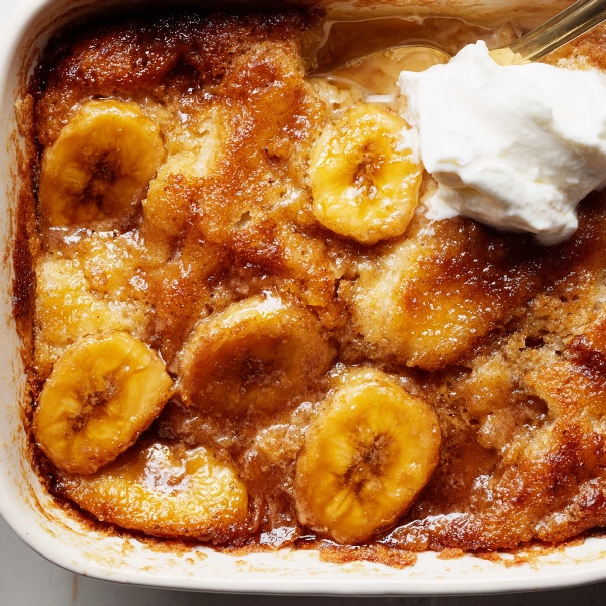 Warm Southern banana cobbler served in a rustic dish with a scoop of vanilla ice cream