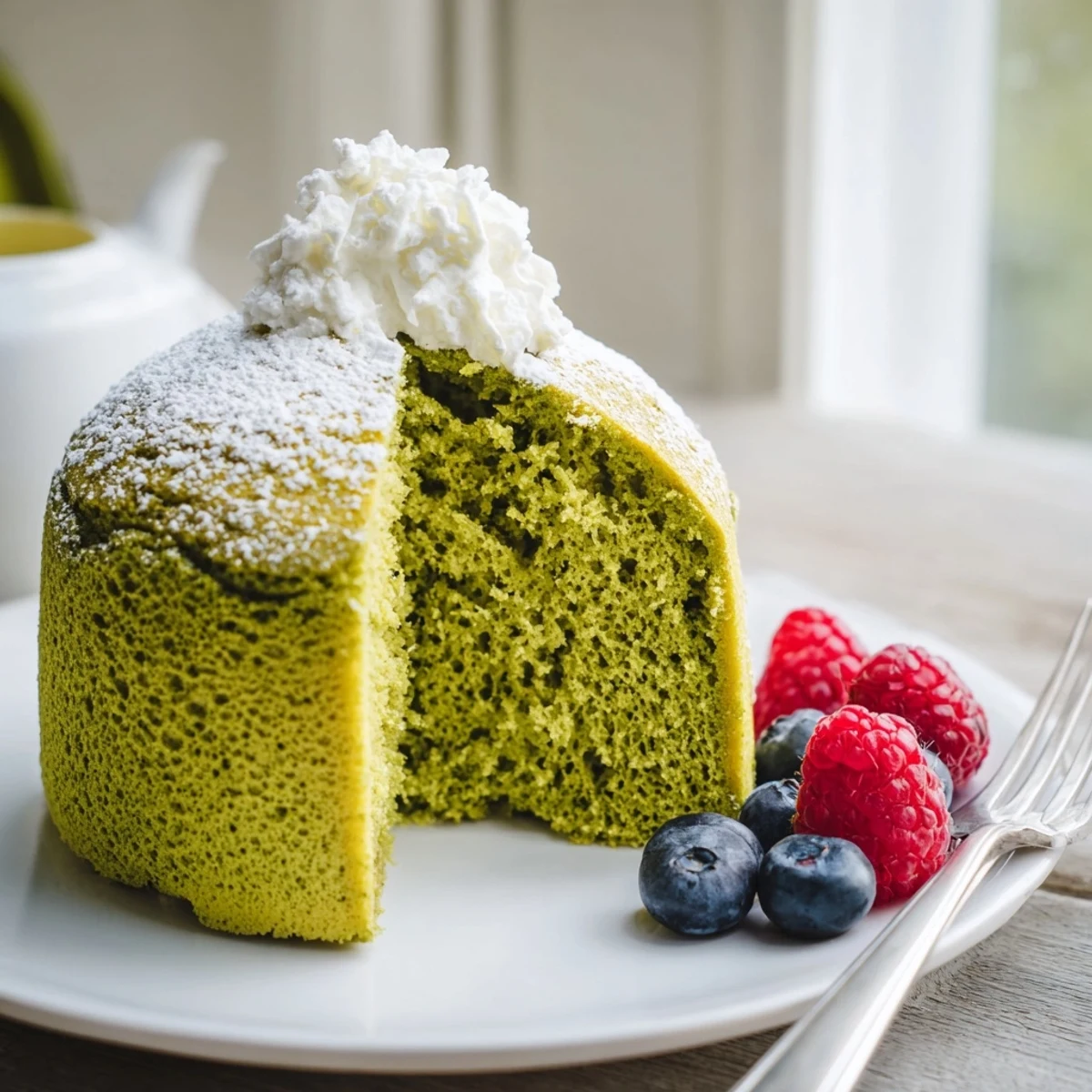 A slice of moist matcha cake dusted with powdered sugar on a white plate