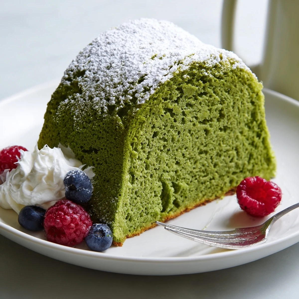 Vibrant green matcha cake with whipped cream and fresh berries ready to serve