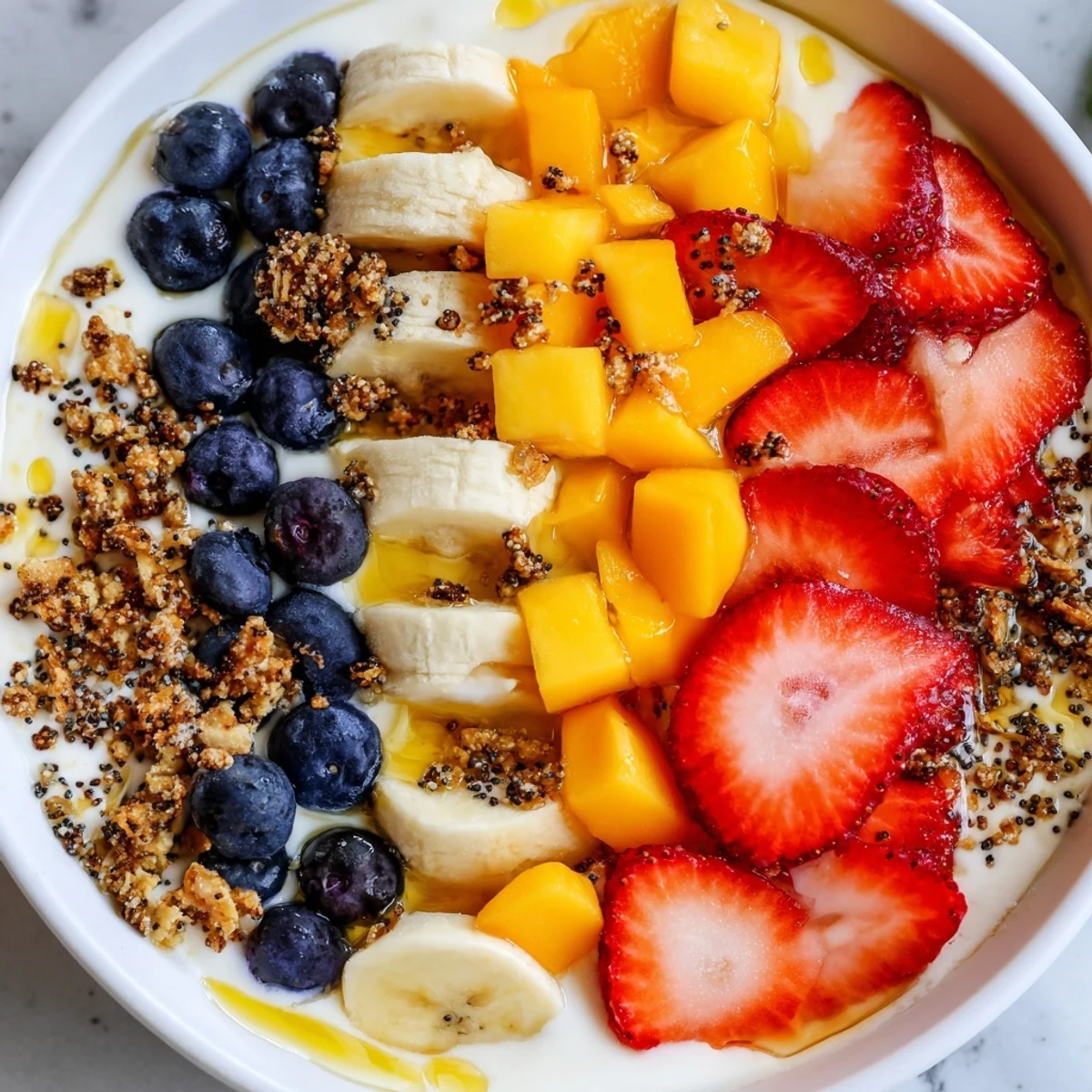 Yogurt fruit bowl drizzled with honey, loaded with ripe strawberries and blueberries