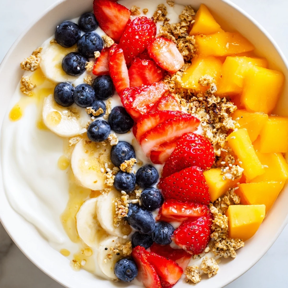 Creamy yogurt fruit bowl topped with colorful fresh berries, mango, and crunchy granola